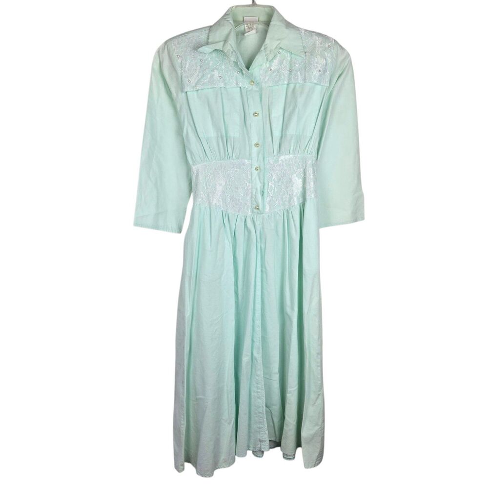 Vtg 80s OOPS California Dress w/ Belt 3 / 4 Mint Green Lace Pearl Button Pockets